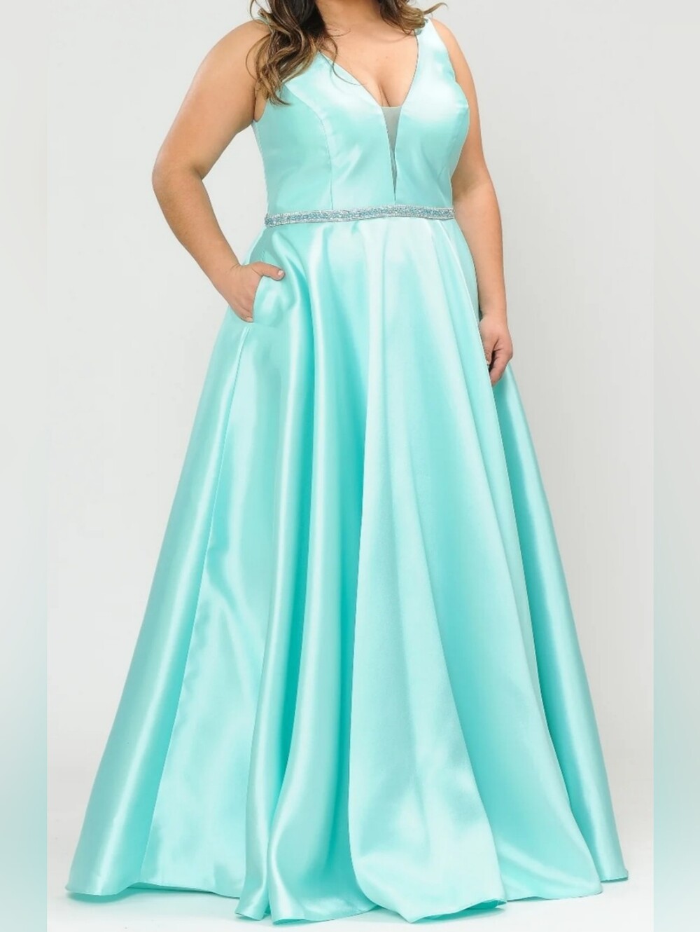 Mint Green Satin V-Neck Ball Gown, Beaded Waist With Pockets
